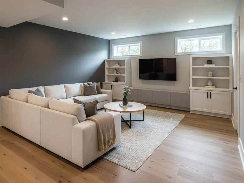 Finished basement entertainment room with built-in shelving, recessed lighting and cozy seating area