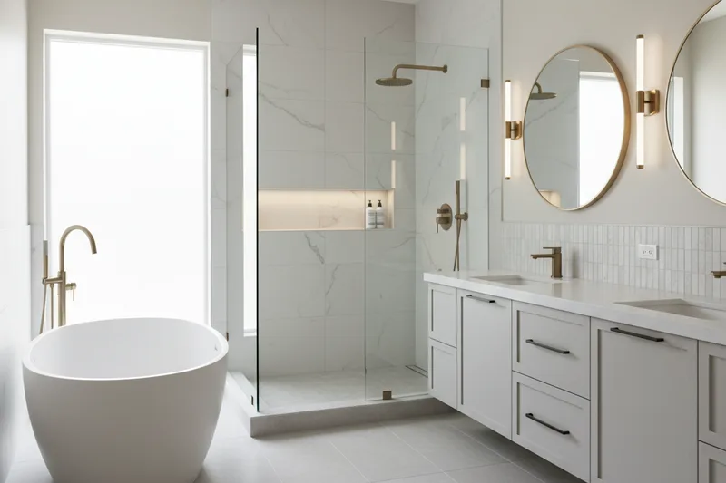 Luxury spa bathroom with freestanding soaking tub, frameless glass shower and elegant tile work